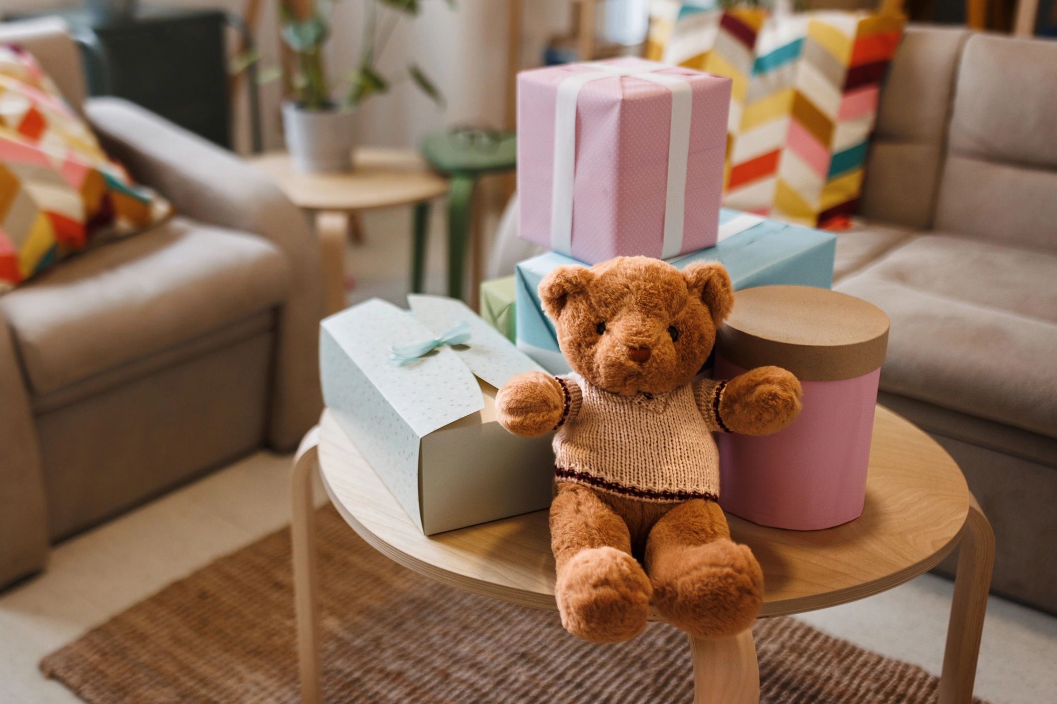 Baby keepsake gift with plush toy and baby shower items